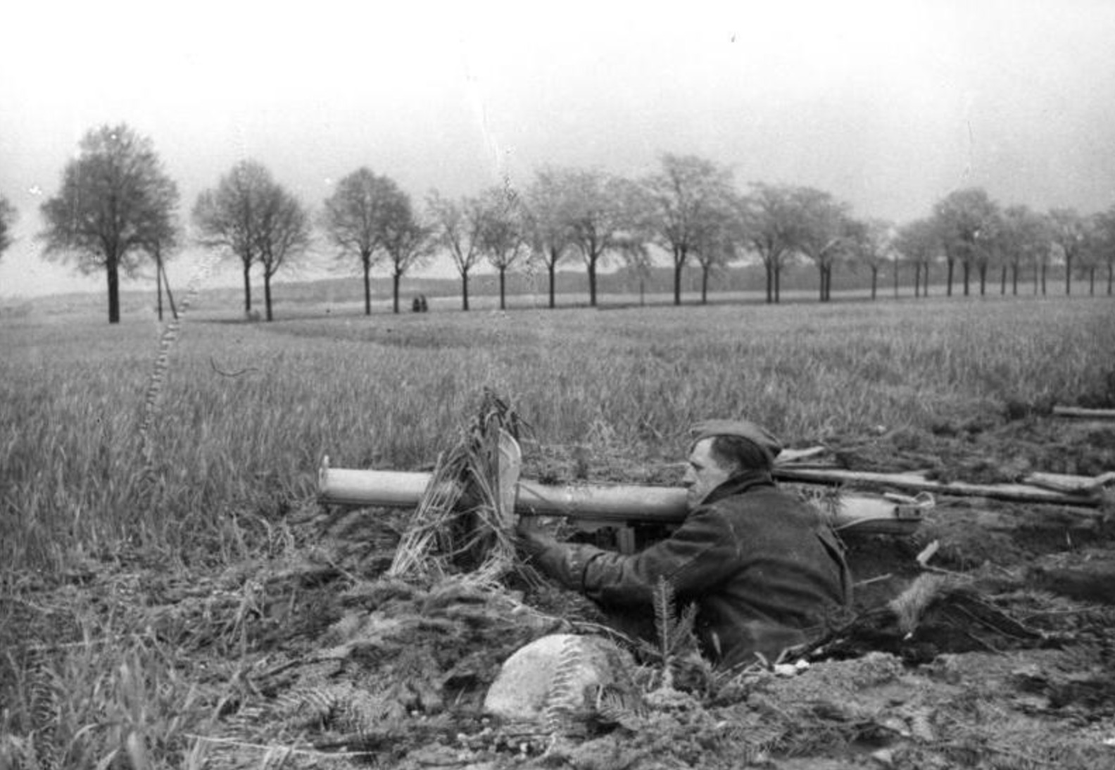 A member of the Volkssturm, the German home defence militia, armed with a Panzerschreck, outside Berlin.